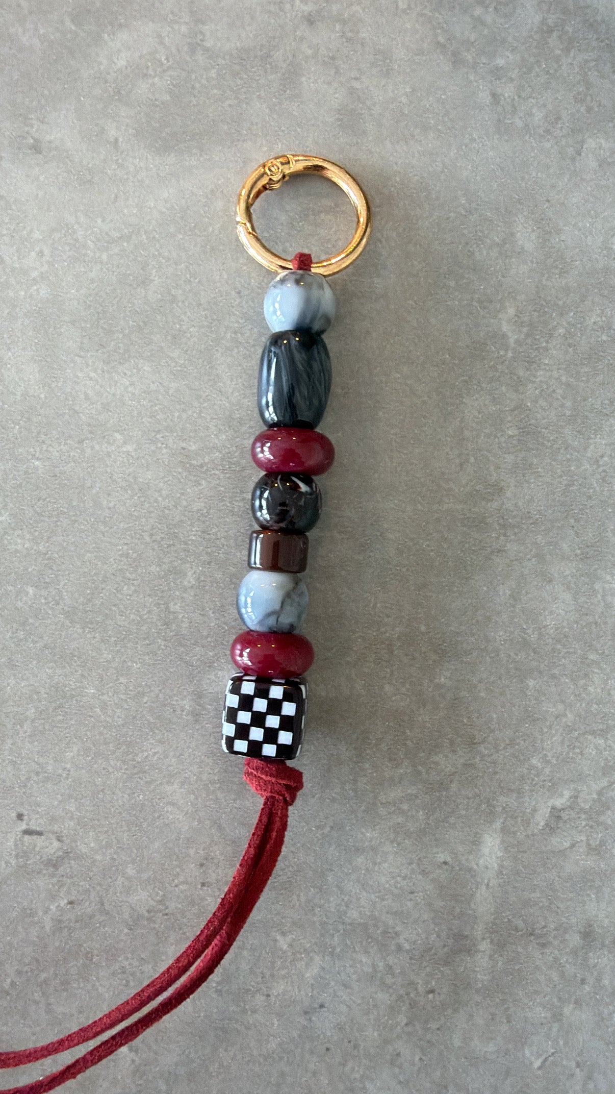 bag/key charm - maroon, greys, brown, black & white
