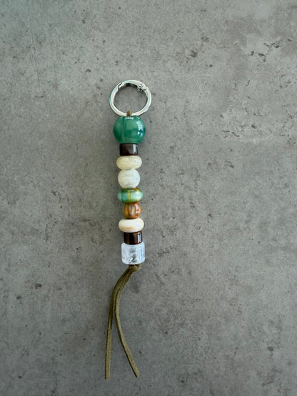 bag/key charm - greens, cream, browns, clear