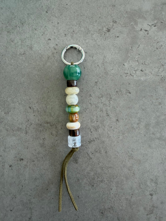 bag/key charm - greens, cream, browns, clear