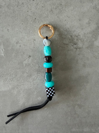 bag/key charm turquoise & checkered