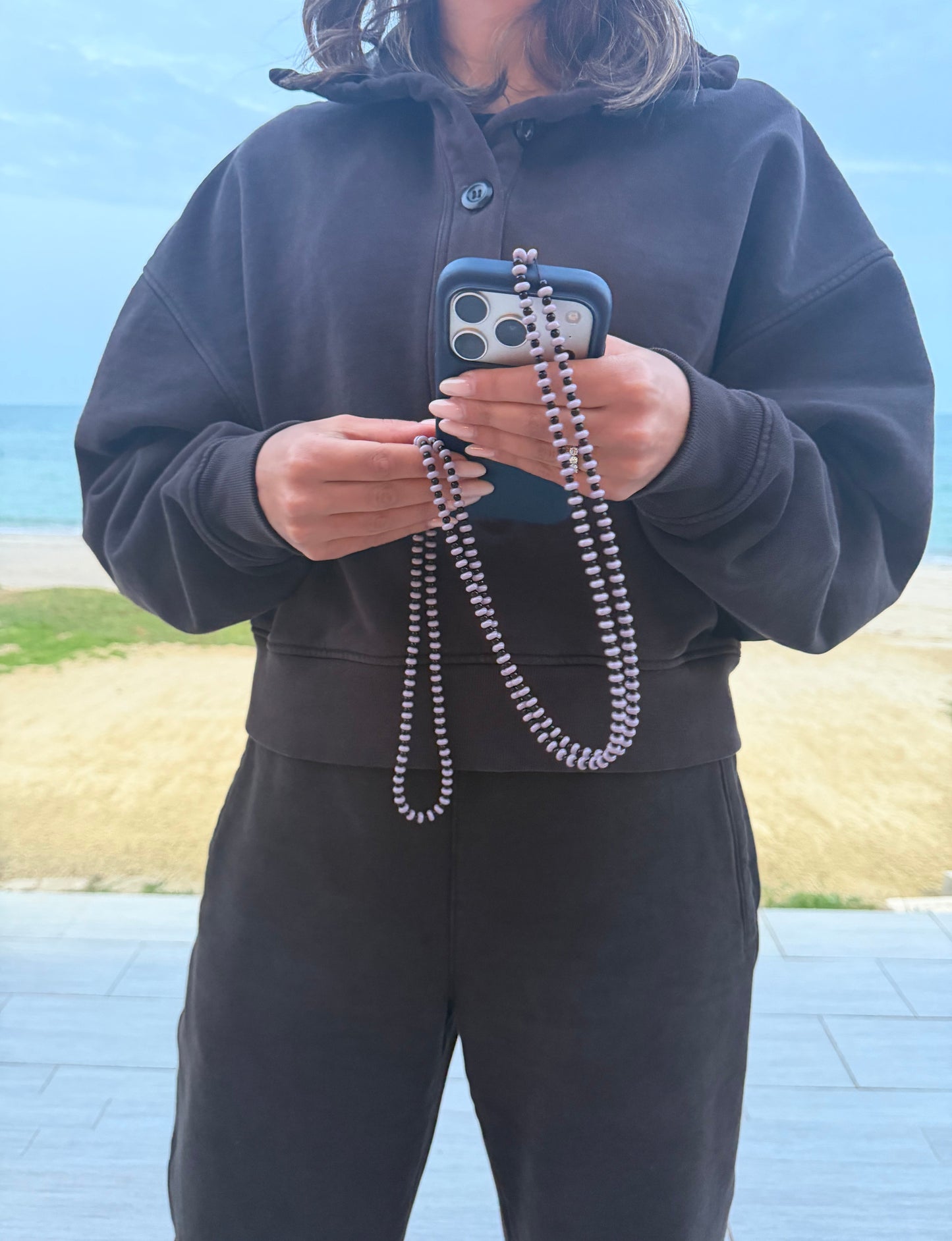 light purplishgrey & black round long phonestrap