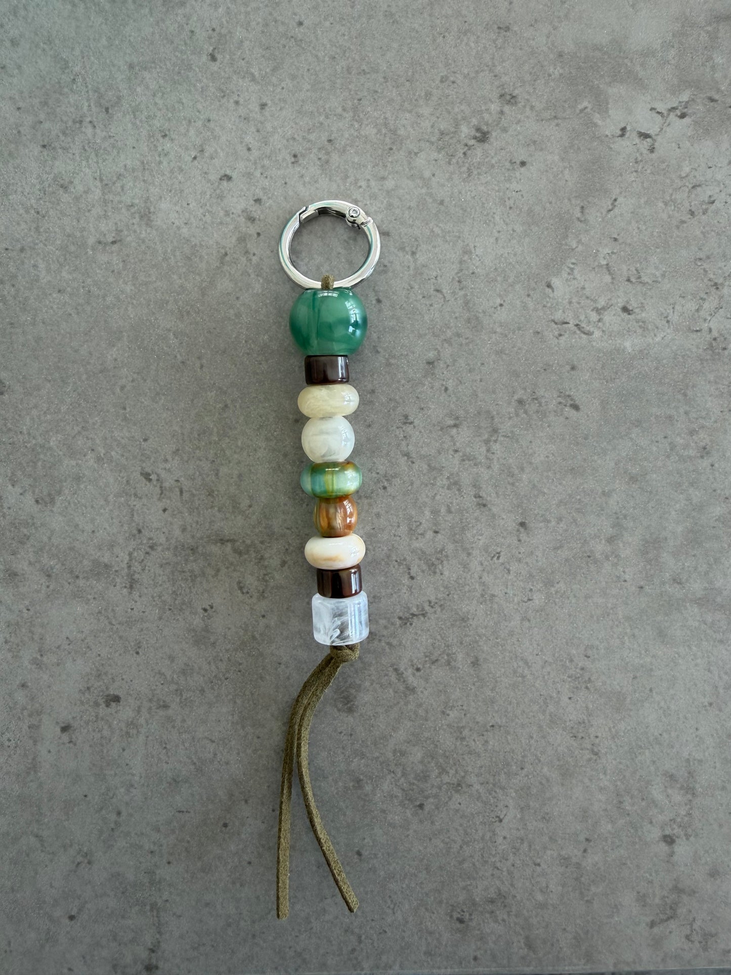 bag/key charm - greens, cream, browns, clear