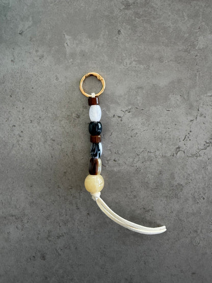 bag/key charm - brown black greys cream offwhite